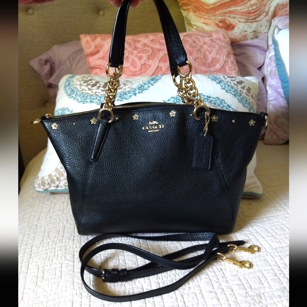 Coach Black Convertible Pebble Leather Kelsey Satchel with Gold Flower Studs